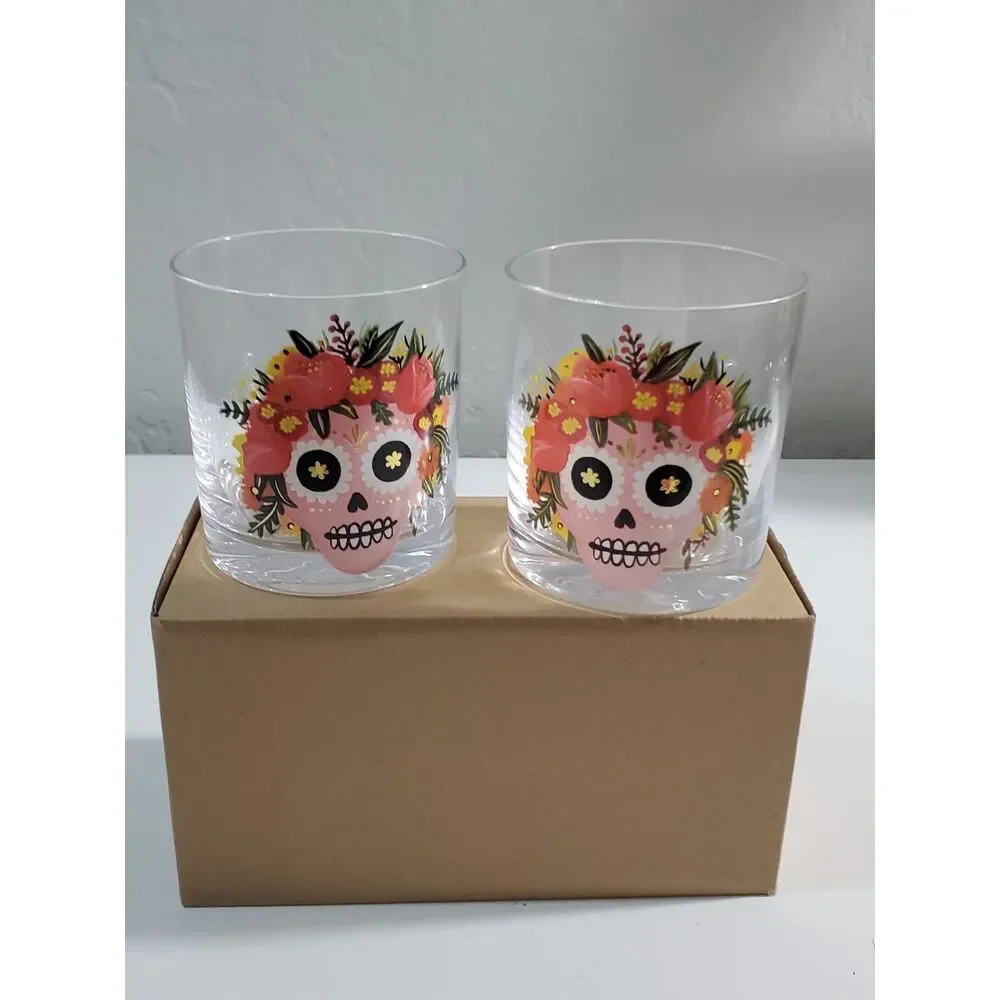 Paper Source Sugar Skull Glasses Set of 2 8 oz Glasses Tumblers New